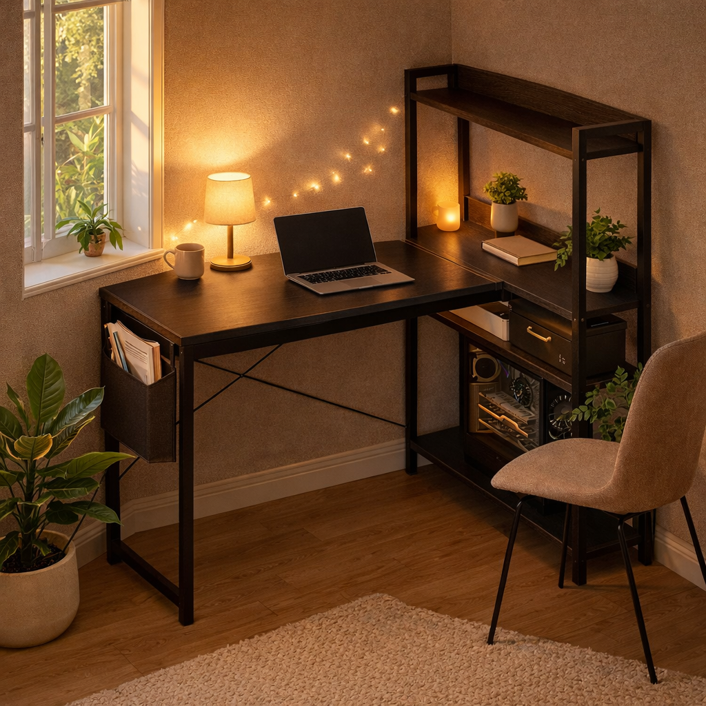 L-shaped corner desk for small room in warm Nordic cozy home office